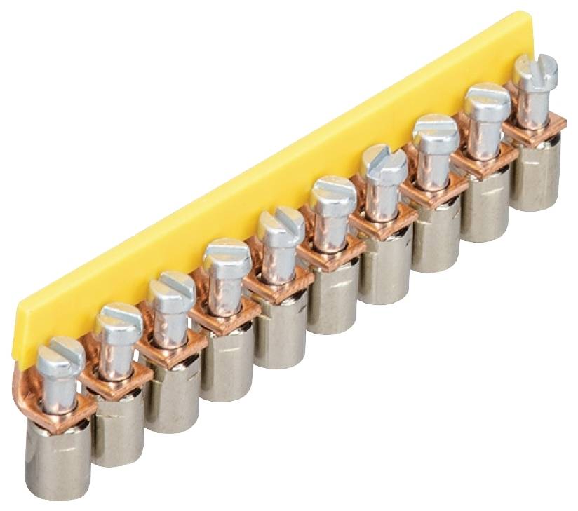 Eine gelbe Schienenklemme mit neun Metallschrauben in einer Reihe, dient der elektrischen Verkabelung und Verteilung.