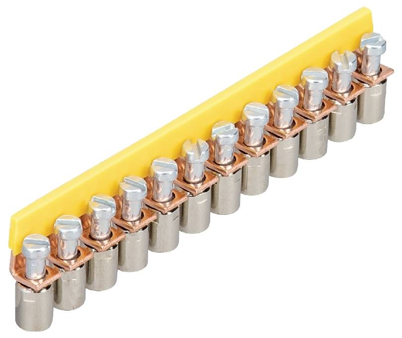 Ein Schraubträger mit zehn Schraubklemmen in einer Reihe, auf einer gelben Kunststoffhalterung montiert, für elektrische Verbindungen.