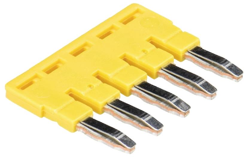 Ein gelber Jumper mit fünf Anschlusspins, verwendet zum Überbrücken von elektrischen Verbindungen auf Leiterplatten.