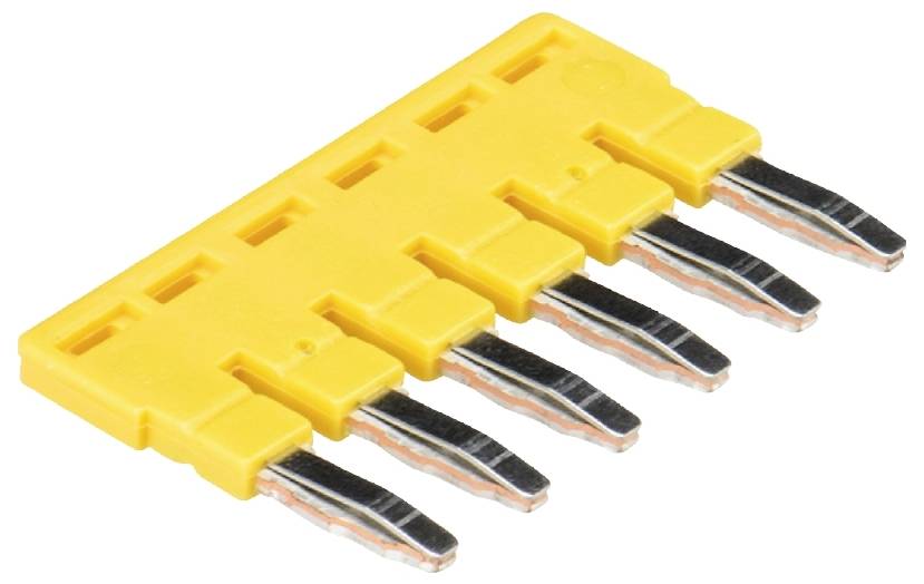 Eine gelbe Steckbrücke mit fünf Metallpins, die zur elektrischen Verbindung auf Leiterplatten verwendet wird.