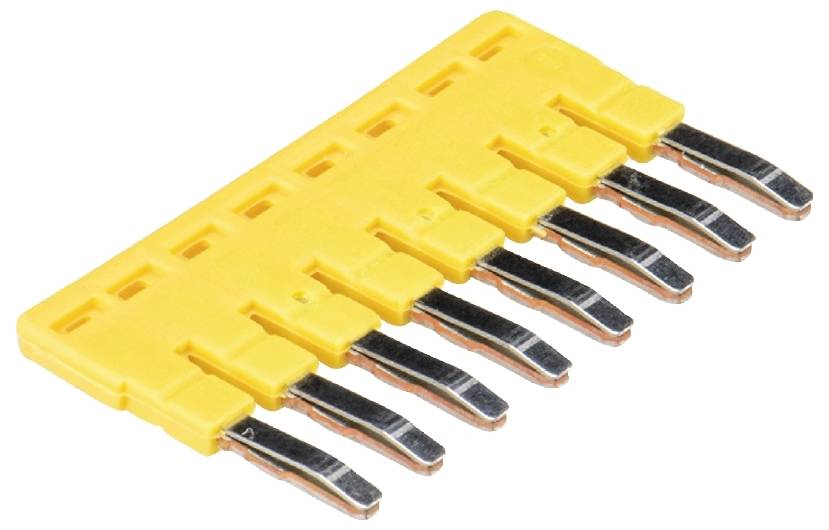 Gelber Brückenstecker mit sieben Pin-Kontakten, verwendet zum Verbinden von Schaltkreisen auf Leiterplatten.