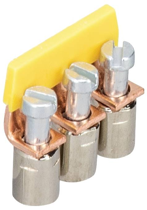 Drei metallische, röhrenförmige Bauteile mit einer gelben Kunststoffabdeckung darüber, möglicherweise Teil eines elektrischen Steckverbinders.