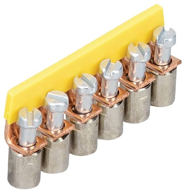 Elektrische Lüsterklemme mit fünf Schraubverbindungen und gelber Isolierung, für die sichere Verbindung von Kabeln in der Elektroinstallation.