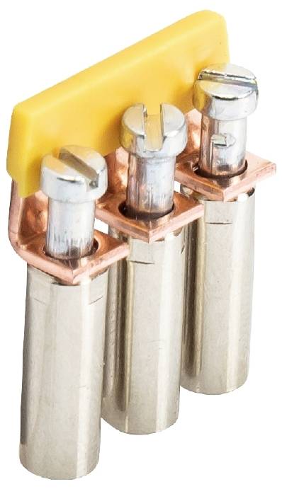 Drei zylinderförmige Metallstifte, verbunden mit einer gelben Plastiklasche oben, vermutlich ein elektrisches Bauteil.