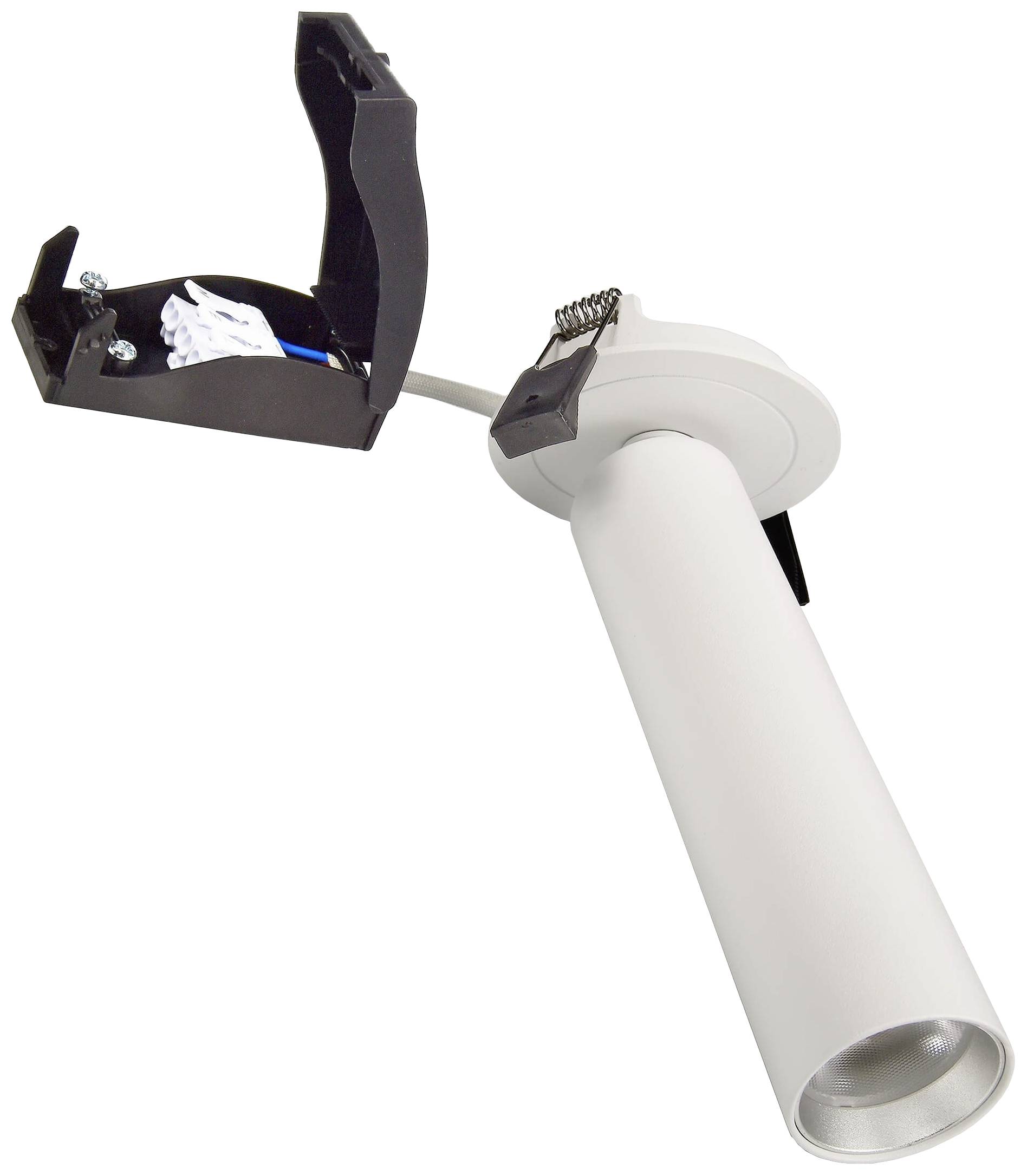 Ein zylindrisches Einbauleuchtegehäuse mit offenem Anschlussfeld, geeignet für Deckenmontage.