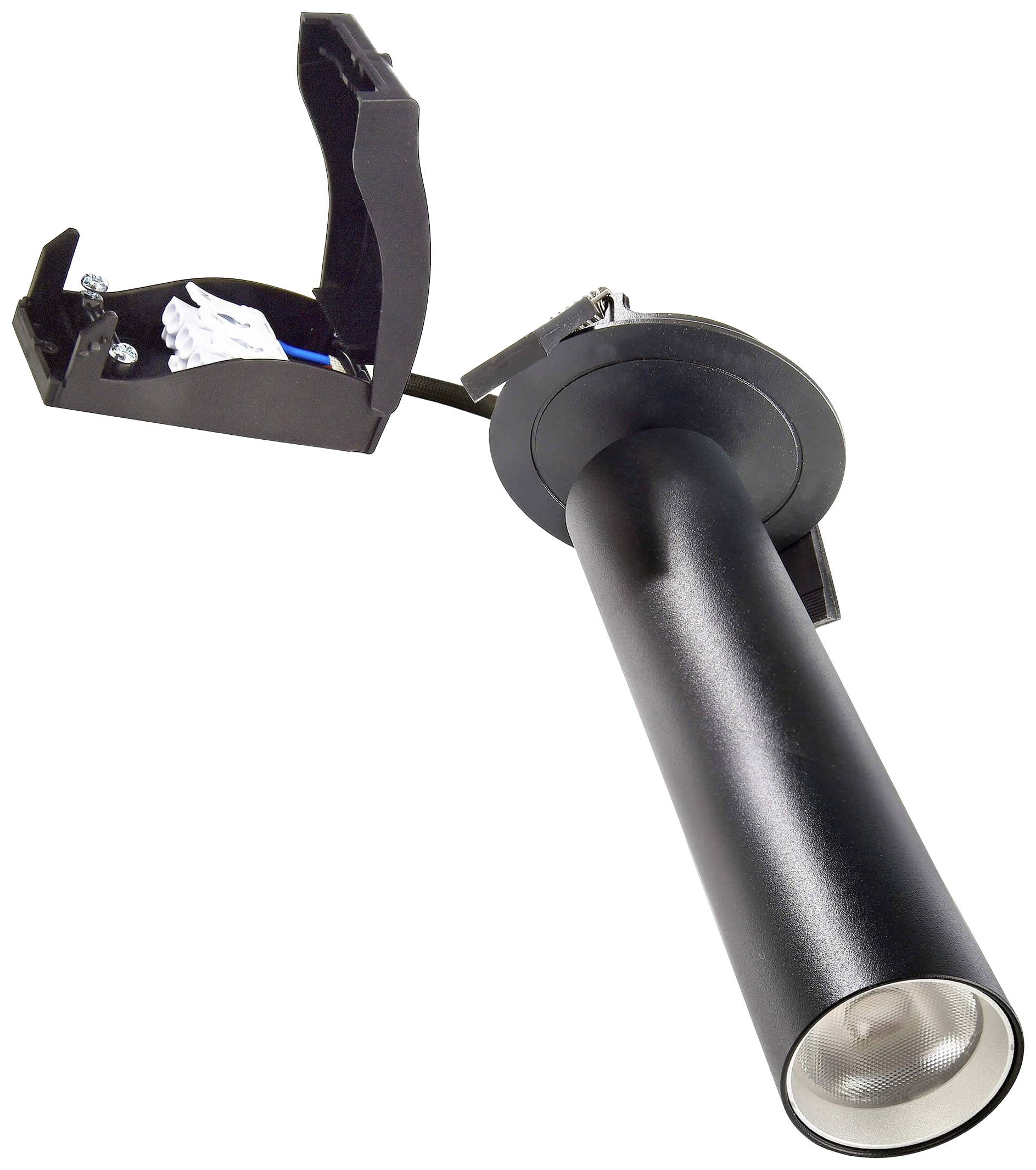 Ein schwarzer, zylindrischer Strahler mit offenem Anschlussbereich zeigt interne Verkabelung und Befestigungselemente.