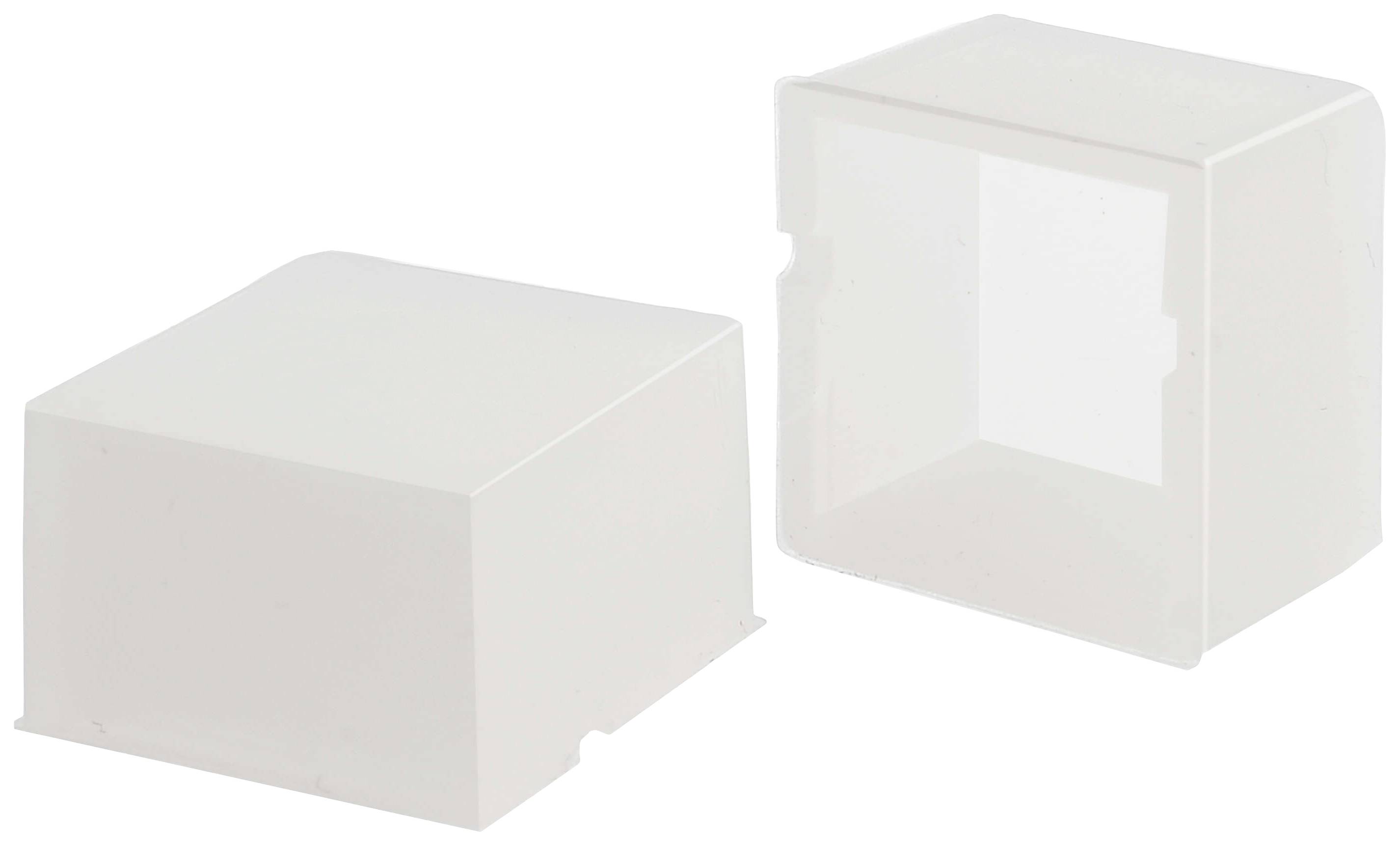 Zwei weiße Kunststoffabdeckungen, quadratisch, hohl, auf weißem Hintergrund.