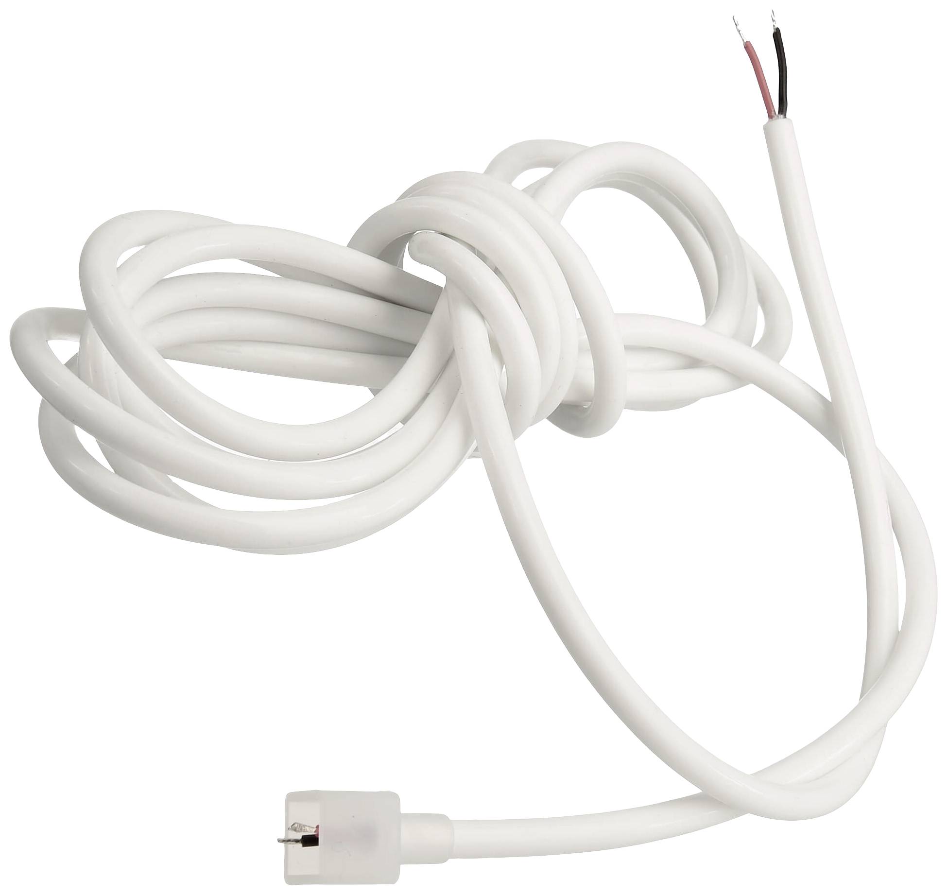 Ein weißes, langes Kabel mit Stecker an einem Ende und zwei abisolierten Drähten am anderen Ende. Eignet sich für Elektroanschlüsse.