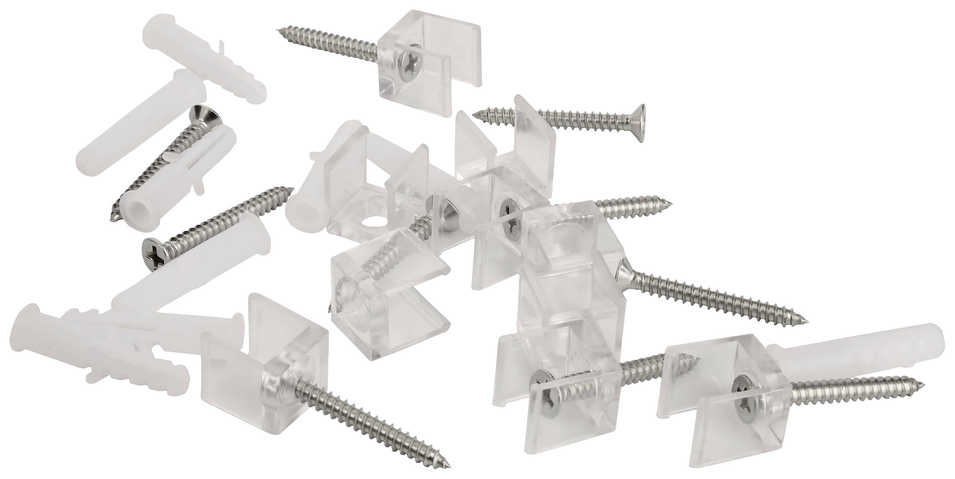 Mehrere durchsichtige Wandhalterungen mit Schrauben und Dübeln, geeignet zur Befestigung von Gegenständen an einer Wand.