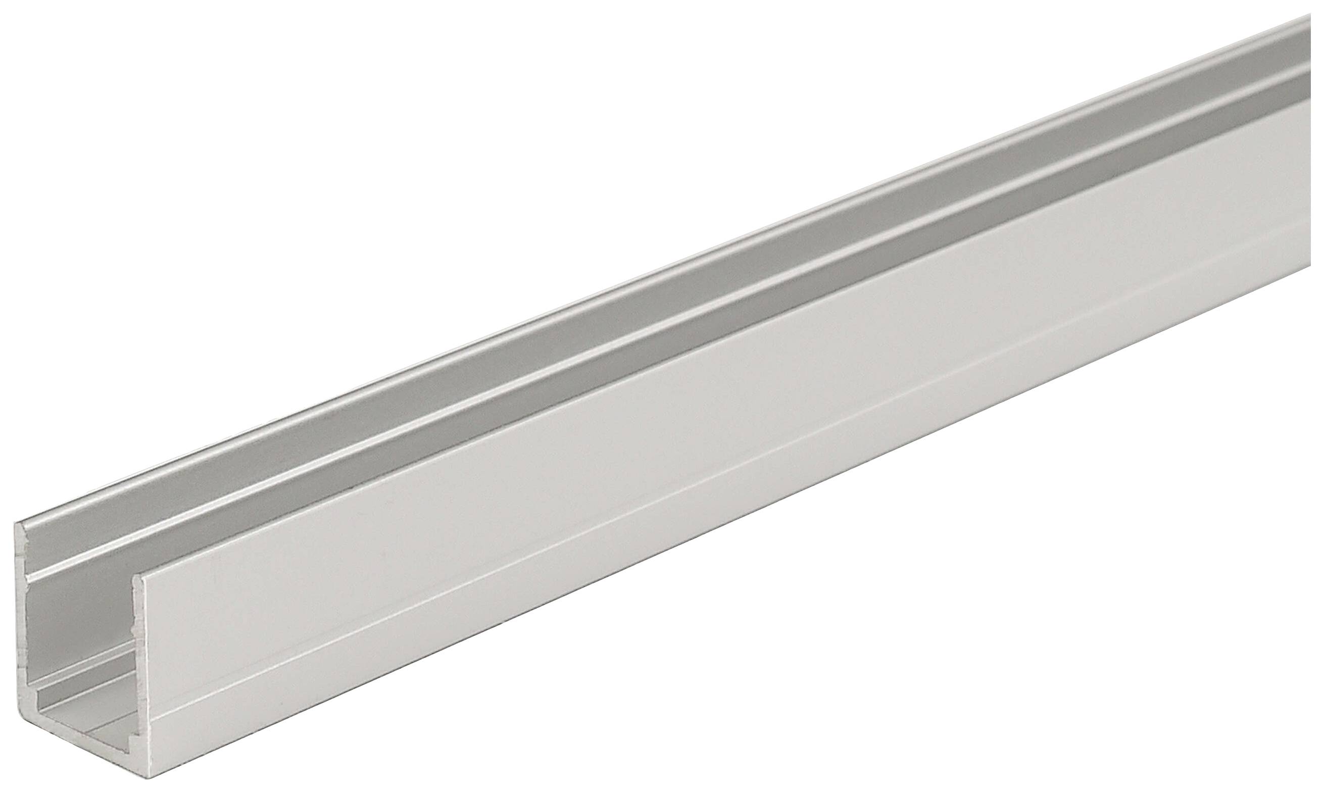 Aluminiumprofil, rechteckige Form, seitliche Ansicht. Geeignet für die Montage von Beleuchtung oder anderen Elementen.