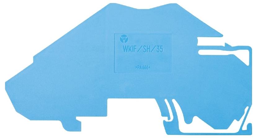 Blaues Kunststoffteil mit der Aufschrift 'WKIF/SH/35 SPA655', unregelmäßige Form, möglicherweise ein Maschinenbauelement.