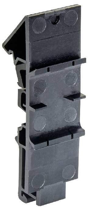 Ein schwarzes Kunststoffteil mit rechteckiger Form, mehreren seitlichen Erhöhungen und einem durchgehenden Schlitz in der Mitte.