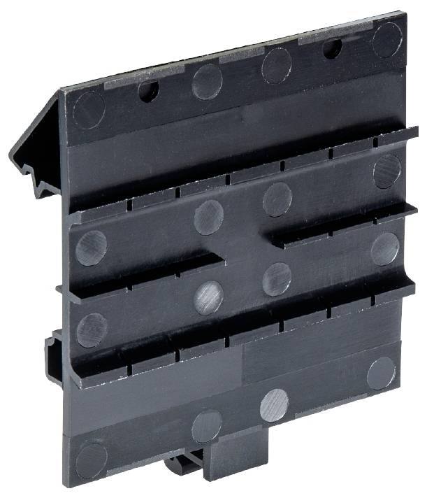 Schwarze, rechteckige Kunststoffkomponente mit mehreren horizontalen Schlitzen und kreisförmigen Erhöhungen, vermutlich ein Bauteil.