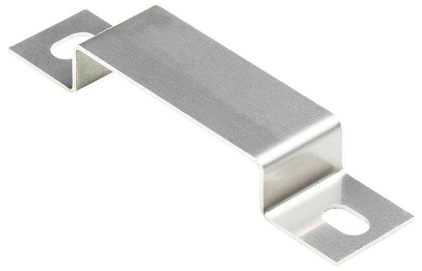 Metallscharnier mit zwei Befestigungslöchern an den Enden, geeignet für die Verbindung von Strukturen oder als Halterung.