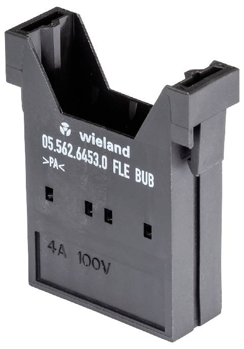 Ein schwarzes elektrisches Verbindungsstück von Wieland mit der Aufschrift '4A 100V' und Produktnummer '05.562.6453.0 FLE BUB'.