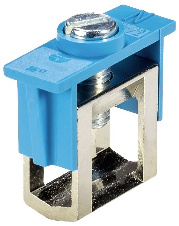 Metallklemme mit blauem Kunststoffgehäuse und Schraube, zum Verbinden oder Befestigen von Komponenten in technischen Anwendungen.