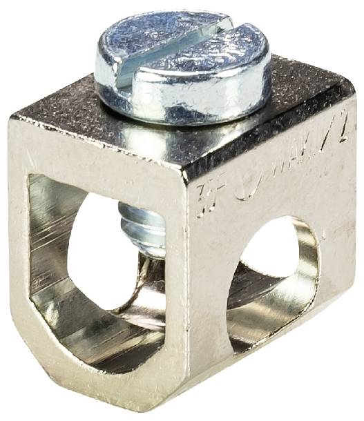 Eine silberne Metallschraubklemme mit quadratischem Gehäuse und runden Öffnungen. Oben befindet sich eine Schraube zur Befestigung.