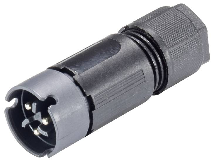 Ein schwarzer Stecker mit mehreren Pins, seitlich liegend, zeigt Kontaktierungsmöglichkeiten für elektrische Verbindungen.