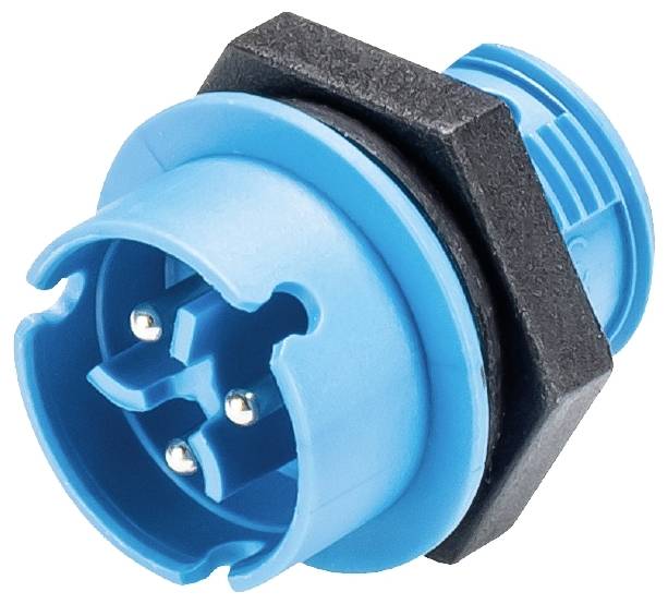 Blauer, vierpoliger Kunststoffstecker mit schwarzem Sechskantflansch. Der Stecker hat vier Metallkontakte in der Mitte.