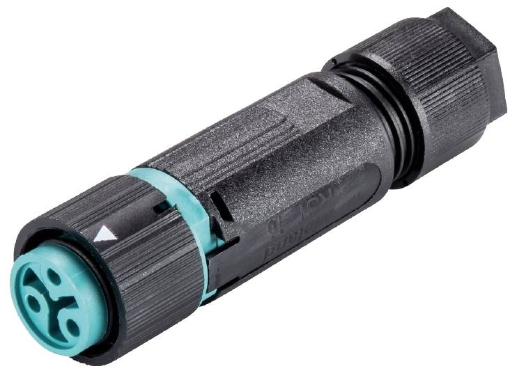 Schwarzer, zylindrischer Stecker mit türkisen Details, geeignet für robuste elektrische Verbindungen.