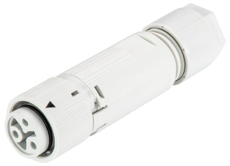 Ein weißer, zylindrischer Steckverbinder aus Kunststoff, geeignet für wasserdichte elektrische Verbindungen, mit Drehverschluss.