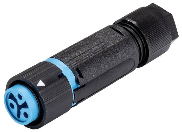 Schwarzer und blauer elektrischer Stecker mit mehreren Anschlüssen.