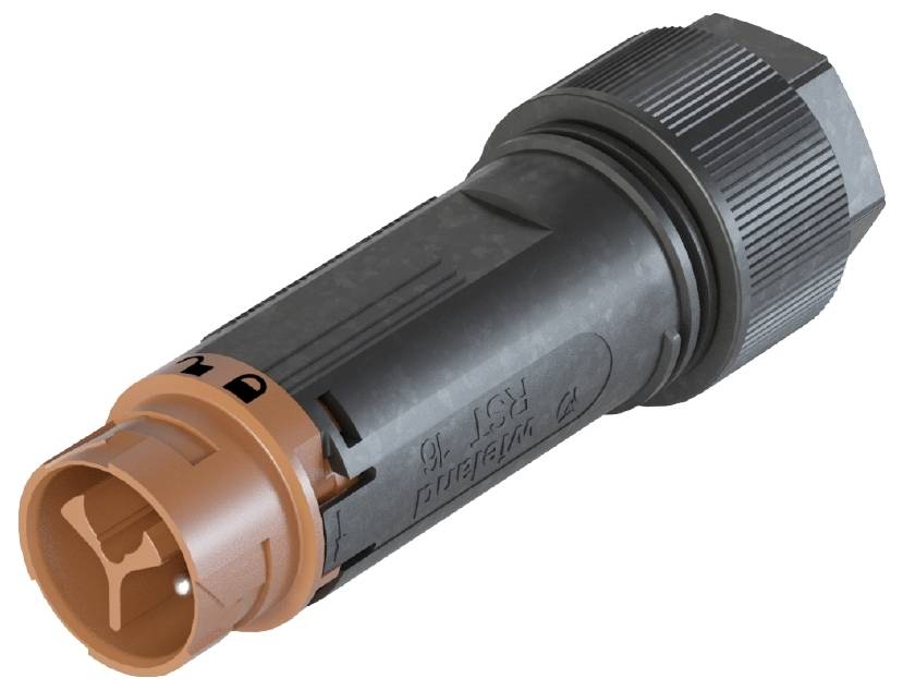 Ein schwarzer und orangefarbener Verbindungsstecker mit Gewindeanschluss, typischerweise für industrielle oder elektrische Anwendungen verwendet.