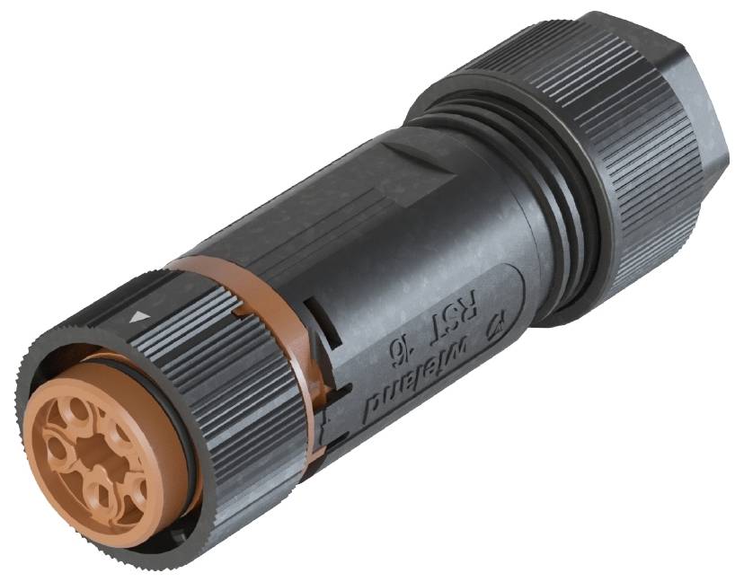 Ein schwarzer, zylindrischer Steckverbinder mit einem orangen Innenring. Es ist für industrielle oder technische Anwendungen geeignet.