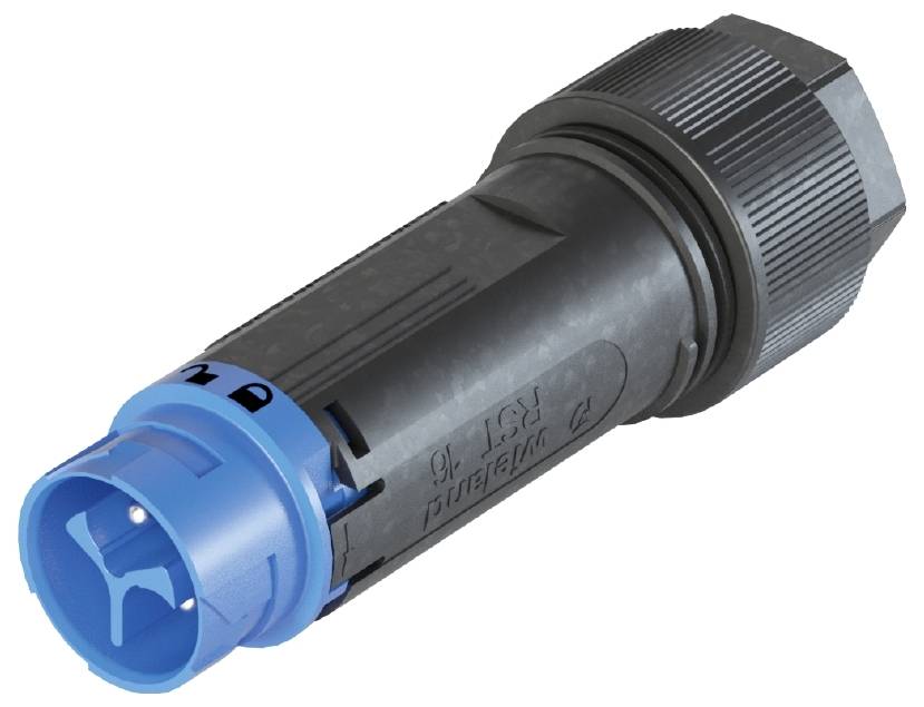 Ein schwarzer und blauer Kabelstecker mit geriffelter Oberfläche und technischen Beschriftungen, geeignet für professionelle Anwendungen.