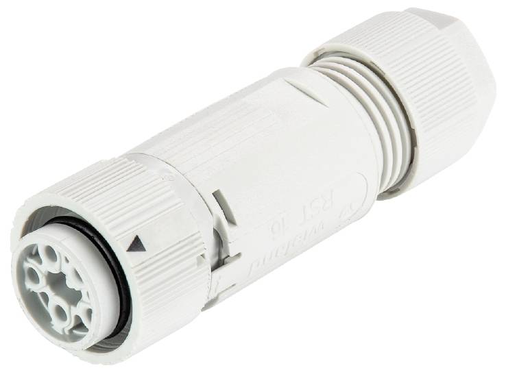 Ein wasserdichter, weißer Stecker mit verschraubten Enden, geeignet für elektrische Verbindungen in feuchten Umgebungen.