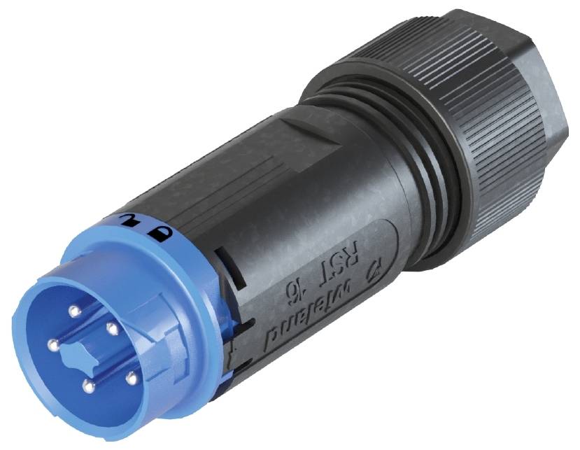 Ein schwarzer und blauer Stecker mit mehreren Pins.