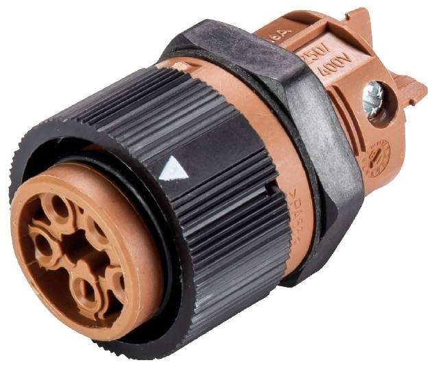 Industrieller Rundsteckverbinder mit orangem Kunststoffgehäuse, schwarzem Schraubverschluss und mehrpoligem Anschluss für elektrische Verbindungen.