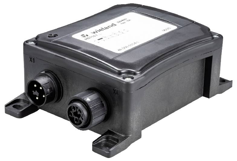 Schwarzes elektrisches Gehäuse mit zwei runden Steckverbindern vorne, markiert mit 'X1' und 'X2', auf weißem Hintergrund.