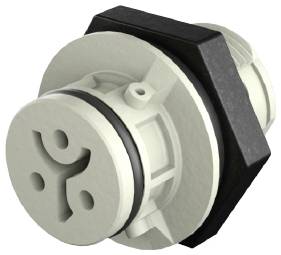 Ein weißer, runder Kunststoffstecker mit schwarzem Rand, das als Verbindungselement in elektronischen Geräten verwendet wird.