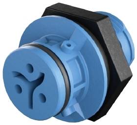 Blauer, sechseckiger Drehverbinder mit drei kreisförmigen Löchern, geeignet für industrielle Anwendungen und elektrische Verbindungen.