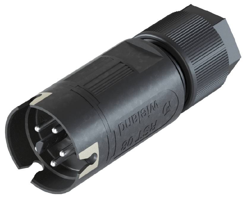 Schwarzer, zylindrischer elektrischer Stecker mit mehreren Metallstiften, geeignet für industrielle Anwendungen.