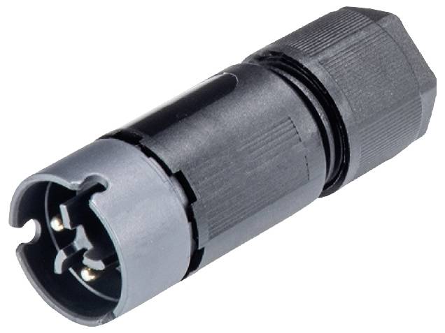 Ein schwarzer runder elektrischer Steckverbinder mit drei Pins.
