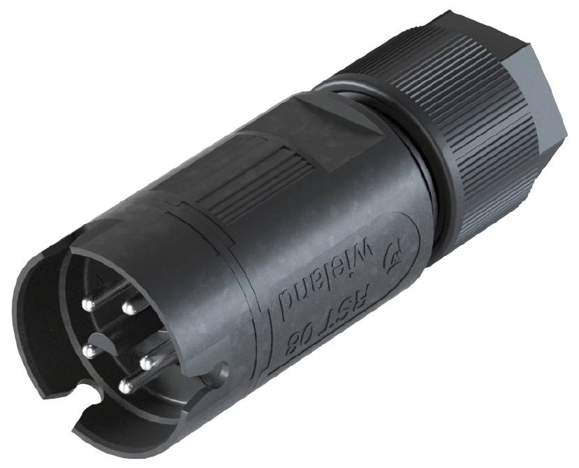 Ein schwarzer, zylindrischer elektrischer Verbinder mit mehreren Metallstiften, hergestellt von Wieland.