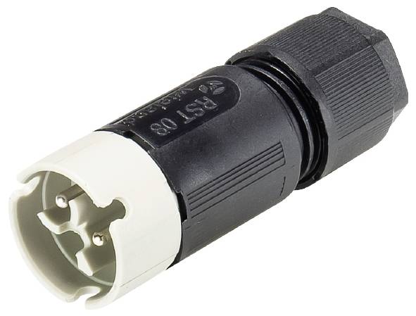 Schwarzer zylindrischer Stecker mit weißem Ende und zwei metallischen Stiften, seitlich mit der Aufschrift 'RST 08'.