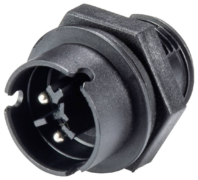 Schwarzer, zylindrischer Steckeradapter mit zwei sichtbaren Metallpins für elektrische Verbindungen, ohne sichtbare Beschriftungen.