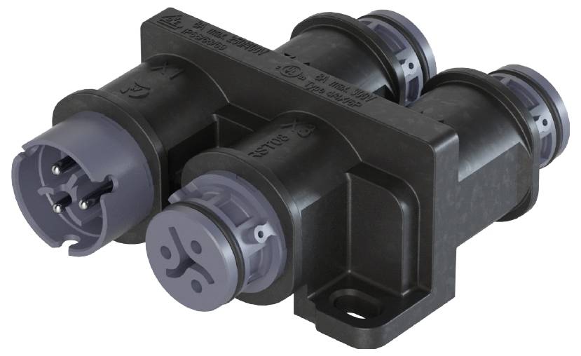 Ein schwarzes elektronisches Bauteil mit zwei Steckverbindern und Steckplätzen, möglicherweise für industrielle Anwendungen.