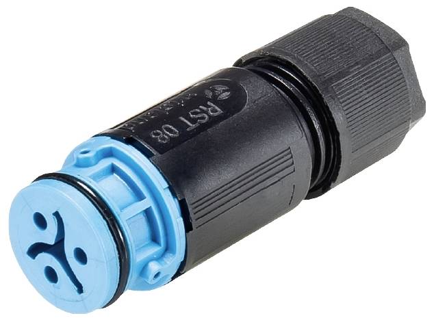 Ein zylindrischer elektrischer Steckverbinder mit blauer und schwarzer Umhüllung, geeignet für industrielle Anwendungen.
