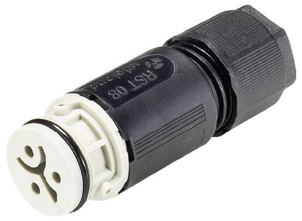 Schwarzer zylindrischer Kunststoffstecker mit vier kreisförmig angeordneten Öffnungen auf weißer Basis. Geeignet für elektrische Verbindungen.
