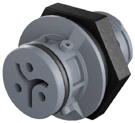 Grauer technischer Adapter mit sechseckiger Mutter und runden Steckverbindungen, verwendet in elektronischen Geräten.