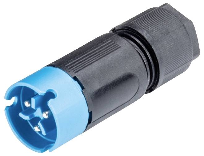 Steckverbinder mit schwarzem Gehäuse und blauem Anschluss. Vier Metallstifte für elektrische Verbindungen sichtbar.