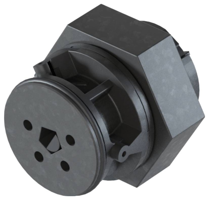 Ein schwarzes, sechseckiges Maschinenteil mit runden und kantigen Elementen. Es sieht industriell aus und könnte Teil eines größeren Mechanismus sein.