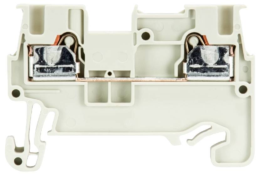 Elektrischer Klemmenblock aus weißem Kunststoff mit zwei Schraubklemmen und Metallverbindungen. Verwendet zum Verbinden von Drähten.