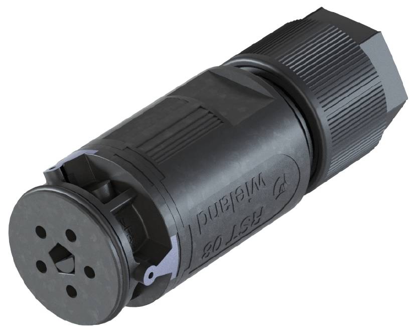 Schwarzer zylindrischer Steckeradapter, vermutlich ein elektrischer Anschluss oder Industriestecker, auf weißem Hintergrund.