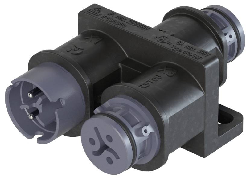 Ein schwarzer und grauer elektrischer Stecker mit zwei Anschlüssen, verwendet für die Verbindung in einem technischen Gerät oder System.