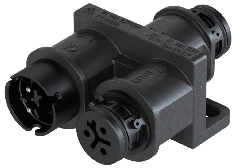 Ein schwarzer elektrischer Steckverbinder mit zwei Steckplätzen und einem rechteckigen Gehäuse, oft in Fahrzeugen verwendet.